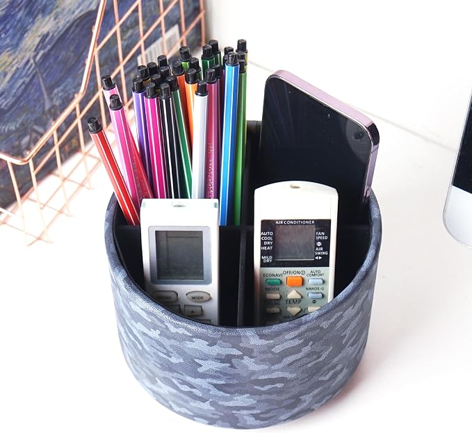 Round Leather Art Supply Organizer,Remote Control Holder,360 Degree Rotating,Multi-Functional Pencil Holder,4 Compartments Desktop Stationary Organizer(1-Camouflage Blue)