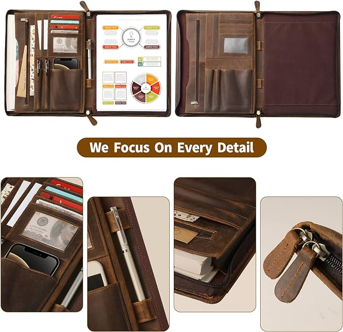 Ringsun Genuine Leather Portfolio with Zipper, Business Organizer for A4/Pad/Phone, Brown, RS63