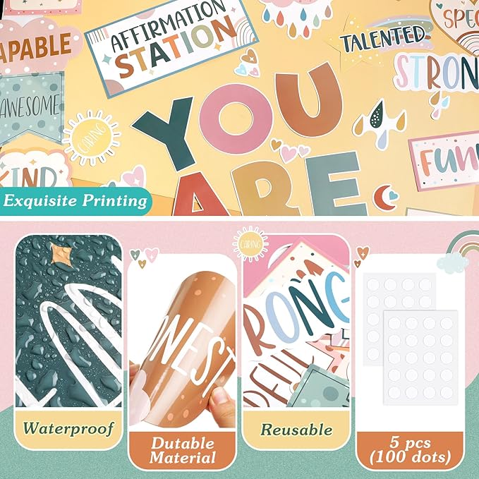 45pcs Boho Affirmation Station Bulletin Board Set Motivational Posters Classroom Mirror Growth Mindset Decor Positive Affirmations Accents Cutouts for School Office Home Teacher Wall Supply