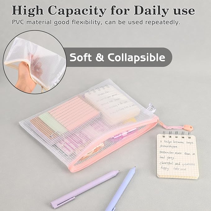 10Pcs Mesh Zipper Pouch Bags, A5 Size Pencil Waterproof Pouch Bag, Zipper Pouches for Organization Storage, Clear Plastic Bags for Classroom Organization and School Office Storage (A5)