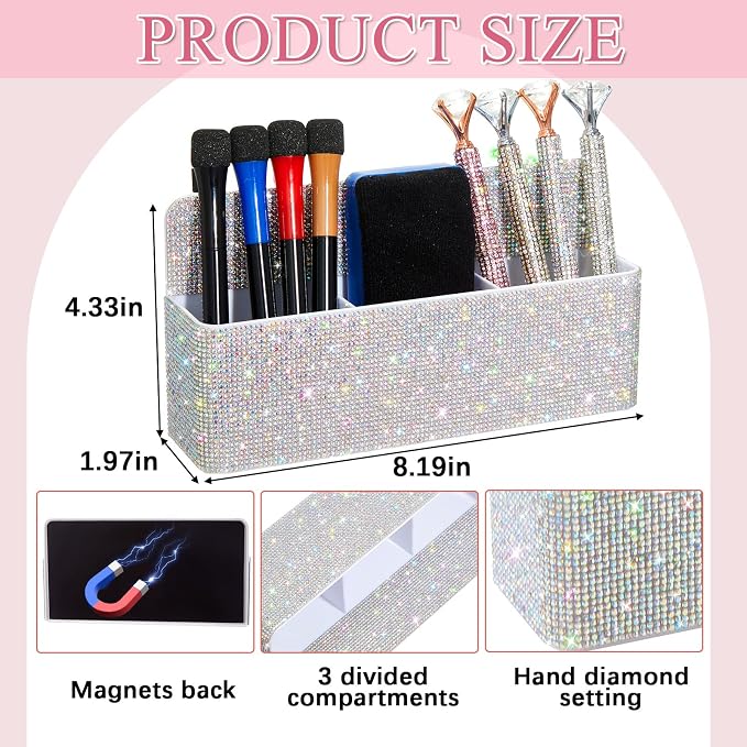 MotiMind AB Color Locker Accessories for Girls, Bling Magnetic Pen Holder for Refrigerator, Back to School Rhinestone Marker Holder for Locker, Sparkly Gift for Student (Large,Rhinestone)