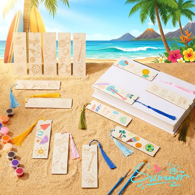 AmazingSpark 100 Pcs Hawaiian Wood Bookmarks Bulk DIY Crafts Kit, 50 Set Summer Blank Coloring Bookmarks with Tassel for Classroom Reward Gifts, End of Year Gifts, Luau Birthday Party Favor