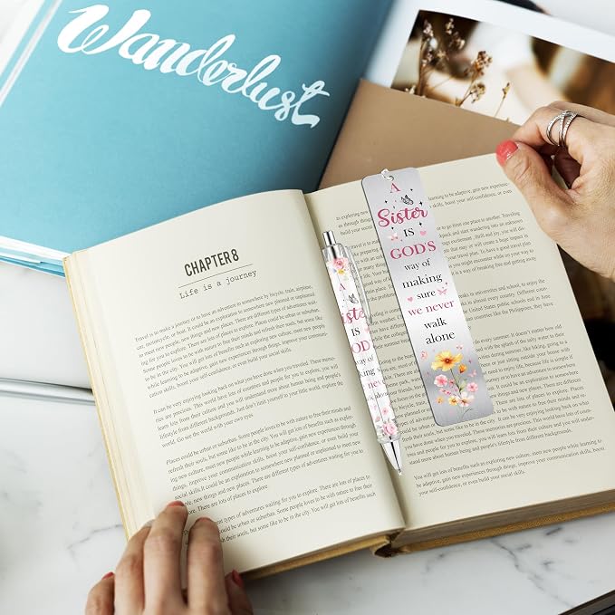 Sisters Gifts from Sister, Cute Pink Bookmark and Pen Gift Set, Floral Metal Book Mark with Butterfly Charm, Christian Gifts for Women Girls, Birthday Valentine Christmas Stocking Stuffer
