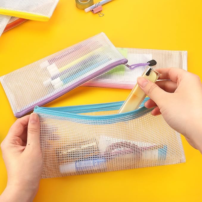 Tamaki 10 Pack Mesh Zipper Pouch Document Waterproof Zip File Bags Plastic Pencil Pouches A6 Size for Classroom Organization School Office Supplies(Colorful)