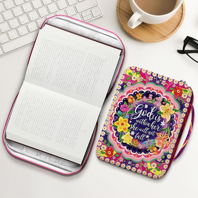 Floral Faith Bible Cover for Women, God is Within Her She Will Not Fall, Christian Canvas Bible Case with Handle and Zipper Pocket, Fits Standard Size Bible, Inspirational Gift for Bible