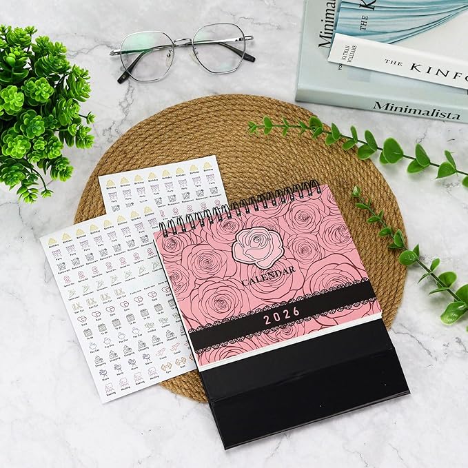 MultiBey Small Desk Calendar 2025-2026, Small 6.5"x6.5" Standing Flip Calendar for Desk, July 2025-Dec 2026, 18-Month Desktop Planner Year Monthly Calendars with To-Do Lists & Stickers (Rose)