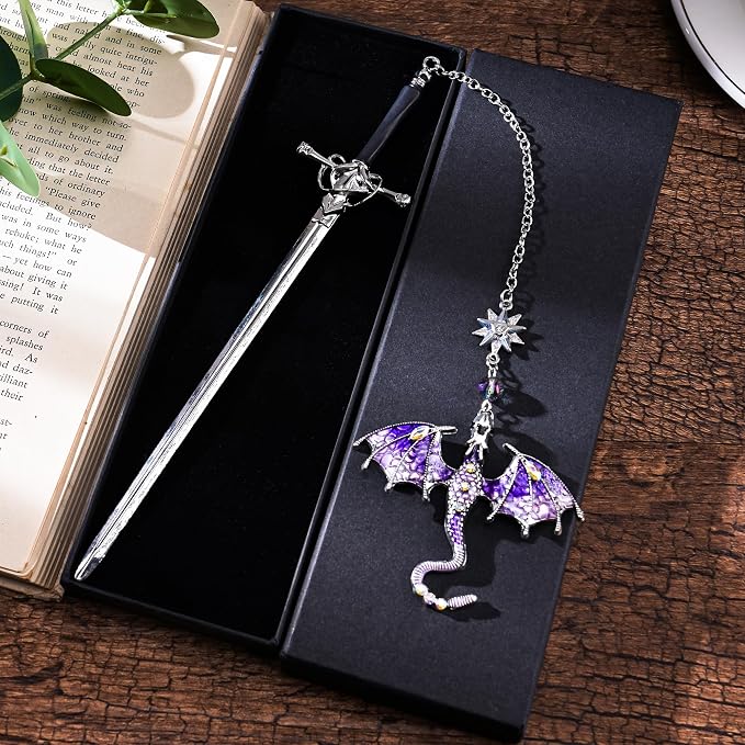 Fantasy Fourth Wing Bookmark - Cool Sward Dragon Book Mark Unique Vintage Tassel Metal Pendant Antique Silver Purple Page Markers Reading Lovers Women Men Teachers Birthday Christmas Gifts