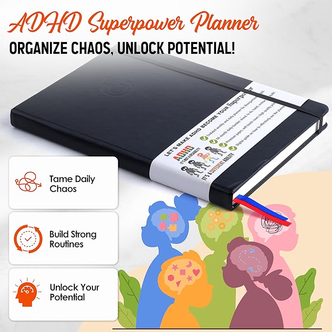 The ADHD Planner for Adults - 6 Month Undated Weekly Daily Full Focus Planner Organizer Notebook - Organizing Solutions for People with ADHD and Neurodivergent Men and Women (Black)