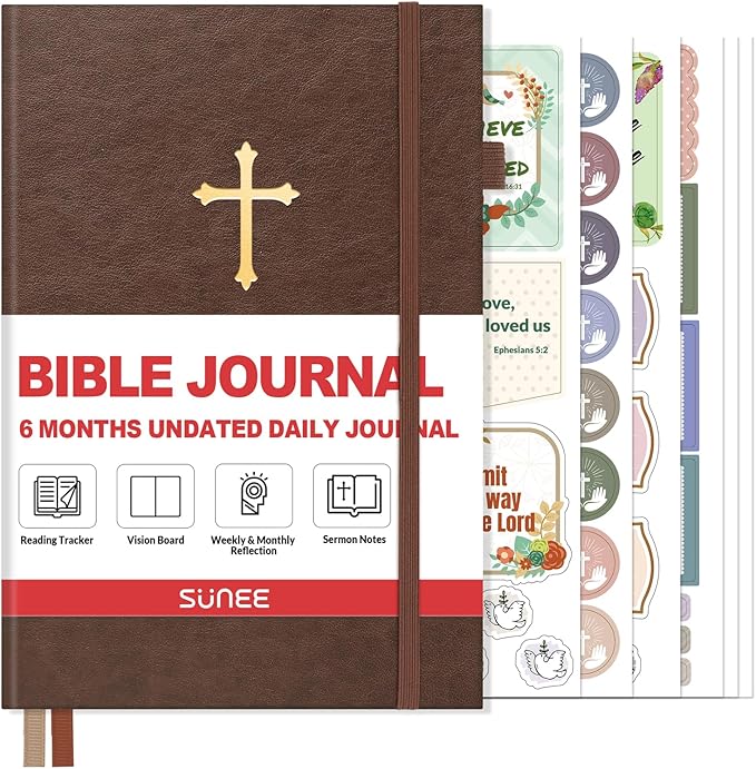 SUNEE Christian Bible Study & Prayer Journal for Men – Undated 6-Month Scripture Notebook for Daily Devotional & Faith Growth, Meaningful Religious Gift for Pastor, Husband or Graduation (Brown)