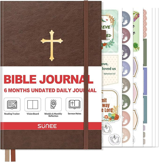 SUNEE Christian Bible Study & Prayer Journal for Men – Undated 6-Month Scripture Notebook for Daily Devotional & Faith Growth, Meaningful Religious Gift for Pastor, Husband or Graduation (Brown)