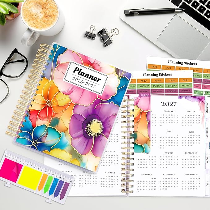 Planner 2026-2027, Large 18 Months Academic Daily Weekly Monthly Planner Yearly Agenda Jan. 2026–June. 2027, 7.9" x 9.8", Page Tabs, Separator Page, Pocket Folder, Bookmark, Stickers, Sticky Note Set