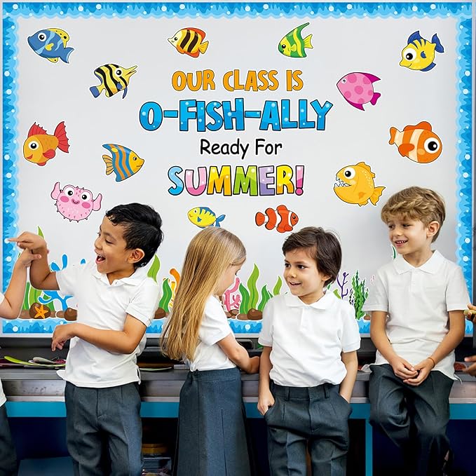 Justforjoyful Summer Ocean Sea Bulletin Board Decorations O-Fish-Ally Ready for Summer Theme Classroom Back to School Bulletin Board Border Set Tropical Marine Fish Paper Cutouts for School Home Decor