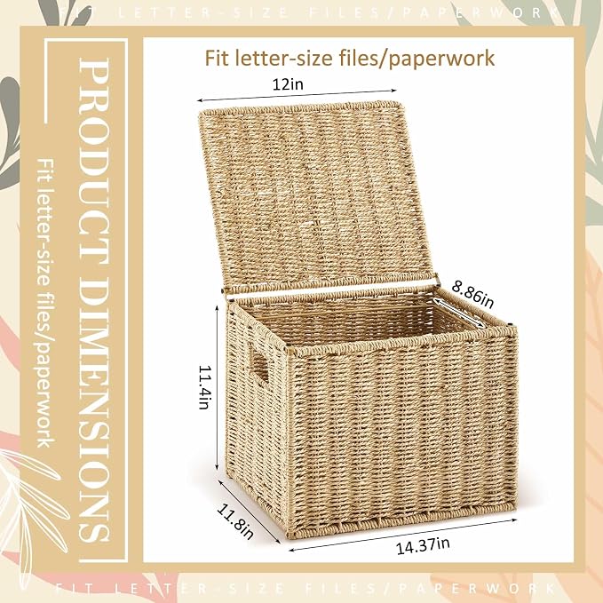 Jingmore 2 Pack Paper Rope File Box Organizers Collapsible Letter Size Filing Cabinet with Lid Woven Hanging File Basket Portable Decorative Document Storage Box for Office/Decor/Home (Letter Size)