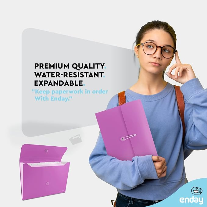 Accordion File Organizer Purple, 7 Pocket Expanding File and Cover Folder with Labels, Plastic Portable Desktop Letter A4 Paper, Also Available in Red, Green, Pink, Blue, Grey, 1 Pc – By Enday