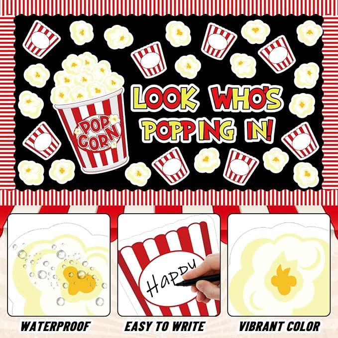 JarThenaAMCS 77 Pcs Popcorn Bulletin Board Decoration Funny Popcorn Bucket Paper Cutouts with 150 Pcs Glue Points for Back to School Movie Night Party Classroom