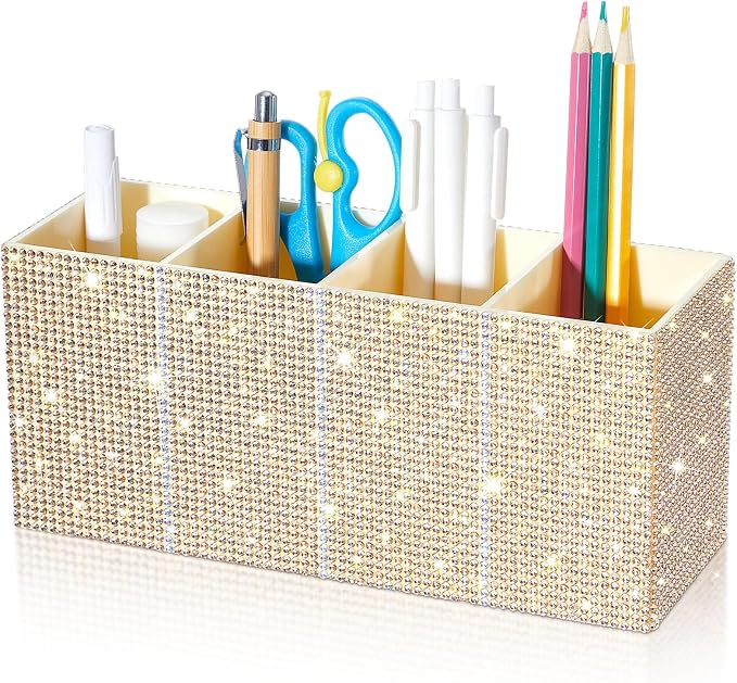 Bling Makeup Brush Organizer for Women, Rhinestone Desk Organizer Pen Holder, Girly Eyeliners Display Case for Vanity, Office, Elevate Your Workspace with Serenity(Rhinestone, Champagne)
