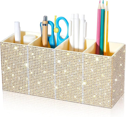 Bling Makeup Brush Organizer for Women, Rhinestone Desk Organizer Pen Holder, Girly Eyeliners Display Case for Vanity, Office, Elevate Your Workspace with Serenity(Rhinestone, Champagne)