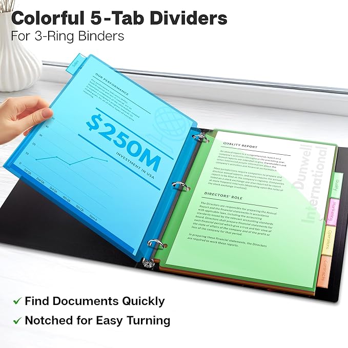 Dunwell Plastic Binder Dividers with Front Pocket (5 Tab), Clear Slash Single Pocket Divider with Tabs, 3 Ring Binder Pockets with Index Tab, Acid-Free, Notebook Dividers Include Label Inserts