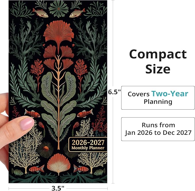Pocket Calendar 2026-2027 for Purse, Two Year Monthly Planner Pocket Size, Jan 2026 to Dec 2027 Monthly Planner Small Size (6.5" x 3.5") - Coral Nocturne