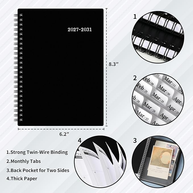 2027-2031 Monthly Planner/Calendar - Jan. 2027 - Dec. 2031, Monthly Planner, 5 Year, 6.2" x 8.3", Multi Year Calendar 2027-2031 with Twin-Wire Binding, Tabs, Storage Pocket - Black