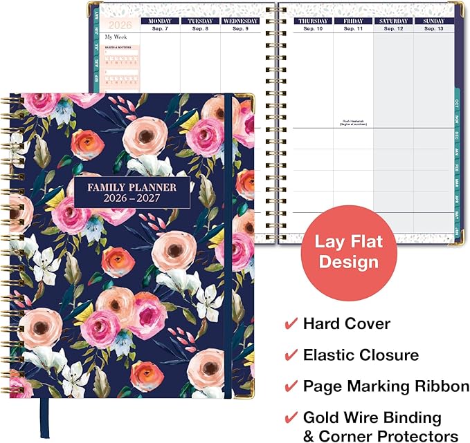 FAMILY PLANNER ORGANIZER – 8.5" x 11" Weekly & Monthly Calendar (May 2026-Jun 2026). 5+ People, Meal Planning, Budgeting, Habit Tracker – Hardcover, Household Schedule Organizer for Parents, Kids, & Caregivers (Small Navy Floral)