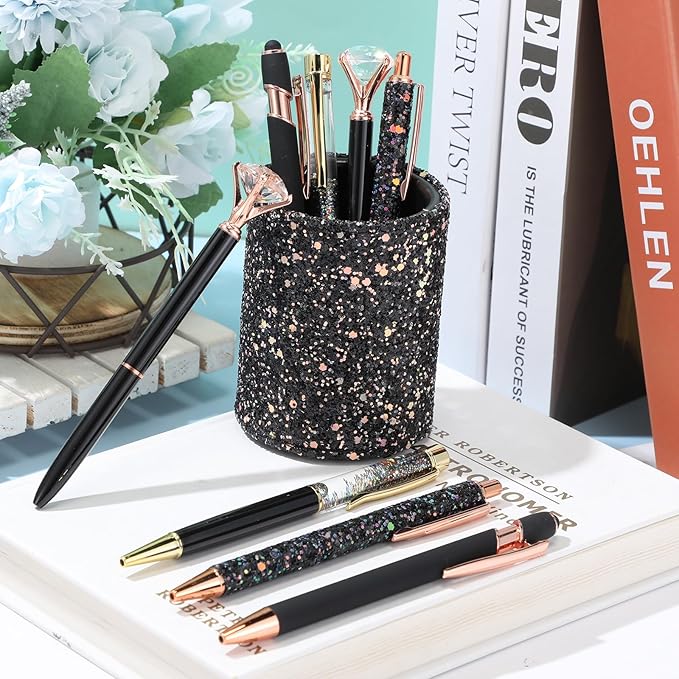 Sabary 8 Pcs Black Pens with Pen Holder for Desk Glitter Crystal Diamond Cute Ballpoint Fancy Pencil Holder Bling Desk Organizer for Women Girls School Office Supplies Wedding Graduation Gifts