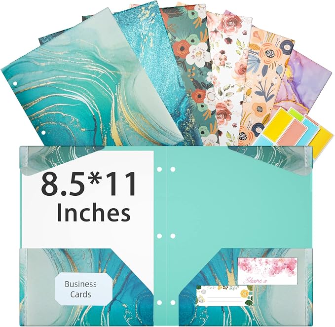 Ospelelf Folders with Pockets, Waterproof Plastic Folder with Two Fixed Corner Tabs and 2 Pockets Includes Business Card Slot, Includes Sticker, Fits 3 Ring Binder Holds 11" x 8.5", 6-Pack