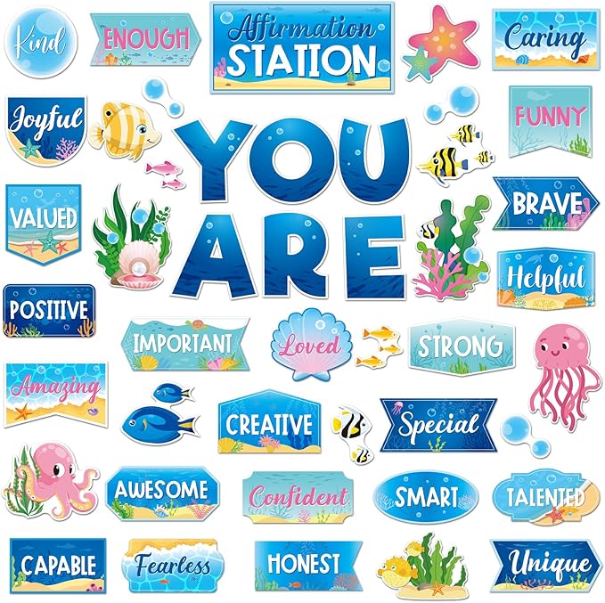 45 Pcs Ocean Affirmation Station Bulletin Board Set Motivational Posters Classroom Mirror Growth Mindset Decor Positive Affirmations Accents Cutouts for School Office Home Teacher Wall
