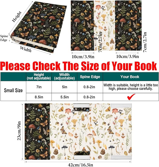 Boho Butterfly Mushroom Book Cover for Hardcover Paperback,Adjustable Soft Canvas Fabric Book Protector with Pocket Bookmark,Double Side Floral Print Book Dust Jacket Covers for Book Lovers Gift S