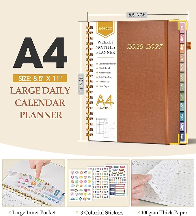 Academic Planner 2026-2027, Hardcover Leather Weekly and Monthly Calendar Planner from July 2026 - June 2027, A4 8.5" x 11" Daily Agenda with Tabs, College School Organizer for Student Teacher, Brown
