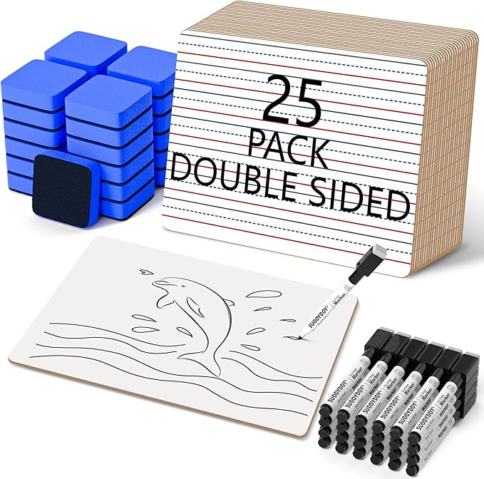 Dry Erase Boards 25 Pack, 9"x12" Double Sided Small Whiteboards with Lines for Kids, Students, Teacher & Classroom Pack, Mini Individual White Boards Lined for Writing Math English Practice