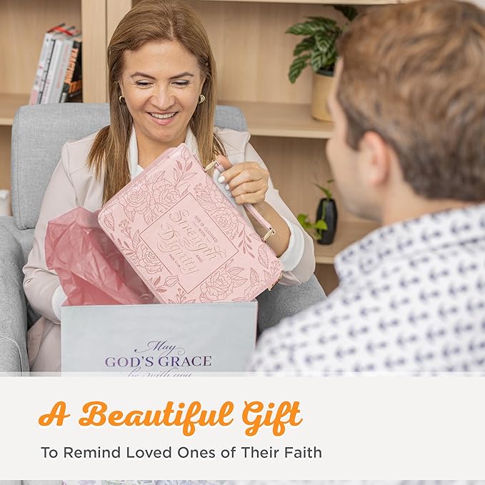 Christian Art Gifts Premium Vegan Leather Fashion Floral Bible Cover for Women: Strength & Dignity - Prov. 31:25 Inspirational Scripture Verse Carry Case w/Pockets & Pen Storage, Pink & Gold, Medium