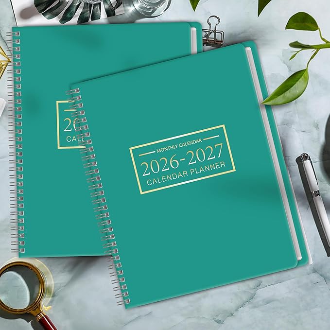 Monthly Planner 2026-2027, 2 year calendar 2026-2027 Calendar Book from Jan 2026 - Dec 2027 with Waterproof PVC Cover, 9'' x 11'', Organize Schedule for School, Office, Family, Grass Green