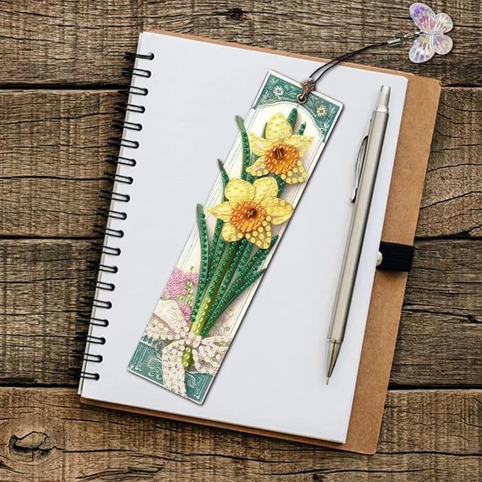 ARTopet 4Pcs DIY Diamond Art Painting Bookmarks with Colorful Butterfly Pendant PET Bookmark Ornament Double Sided Pattern Single Sided Diamond Book Marker Clip Gifts Tags-Flowers04