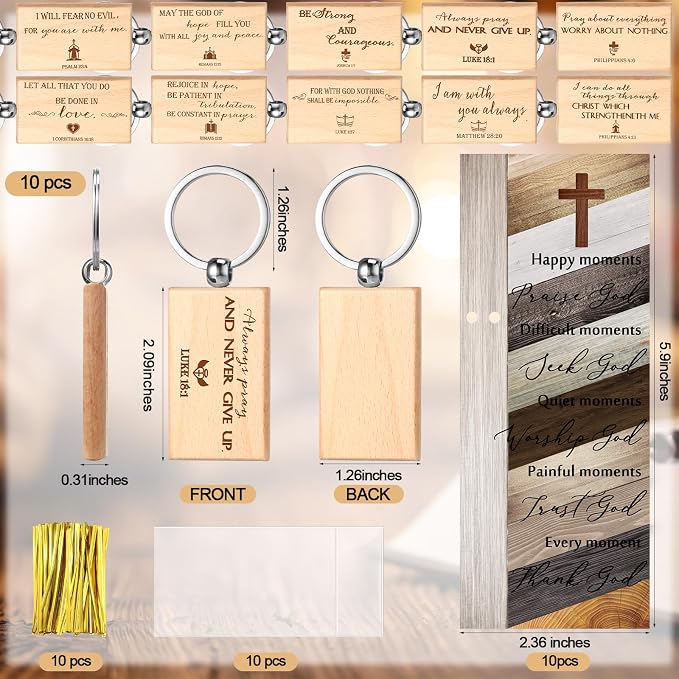Spakon 10 Sets Father Day Church Gifts Bulk Mens Christian Mini Bible Verse Wooden Keychains Scripture Religious Pens with Cross Prayer Bookmarks Faith Gifts for Women Dad Pastor Sunday School