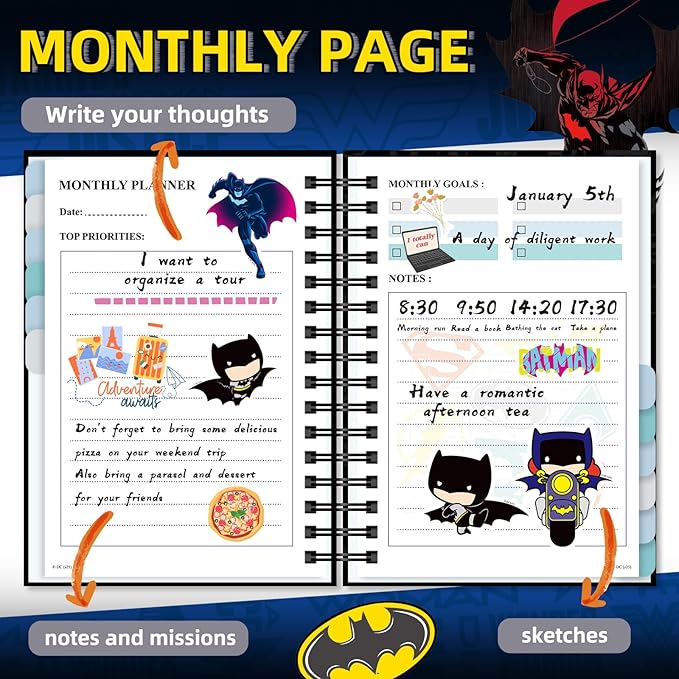Batman Planner 2026 Notebook, Superhero Weekly Monthly Planner Hardcover Journal with 12 Tabs for Adults Teens Organizer Lovers Gift (Plan C)