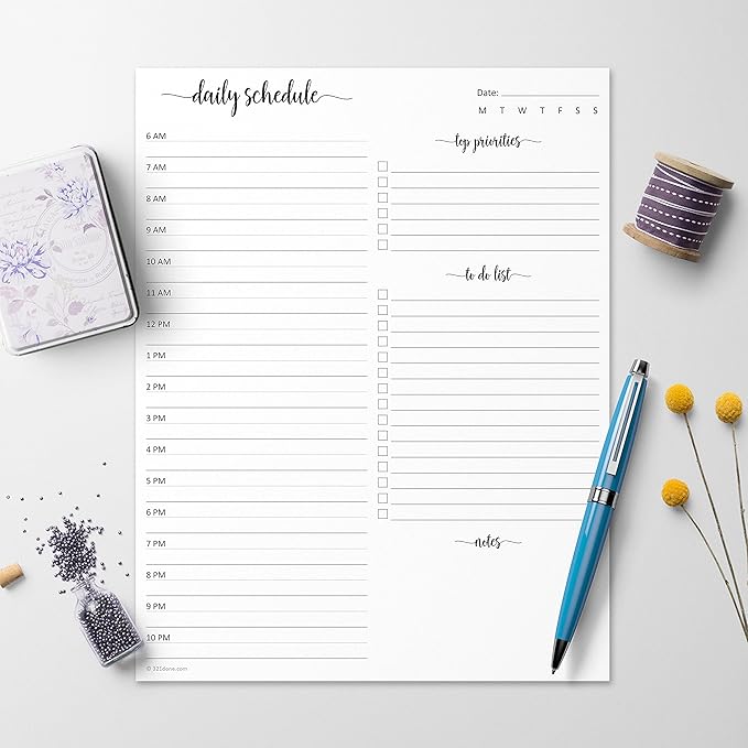 321Done Daily Schedule Planning Notepad - 50 Sheets (8.5x11) – Hourly Day Today To Do Checklist - Appointment Task Priority Planner - Tear-Off Note Pad for Home, Office, School - Made in USA