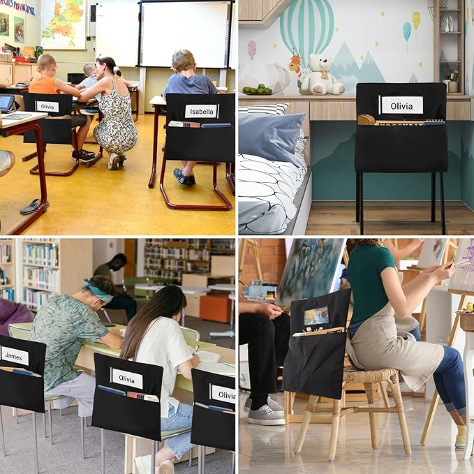 Chair Pockets for Classrooms 12 Pack,15 x 14 inch Black Chair Back Buddy Pockets with Name Slot & Tags, Back of Chair Organizer for Classroom Chairs Seat Storage
