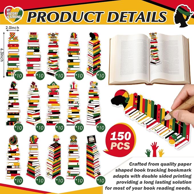 Kolldenn 150 Pcs Book Tracker Bookmarks Bulk 6.3 x 1.97 Inch Bookshelf Love to Read Bookmarks Paper Tracking Double Sided Reading Page Markers for Back to School Reading Lover(Black History Month)