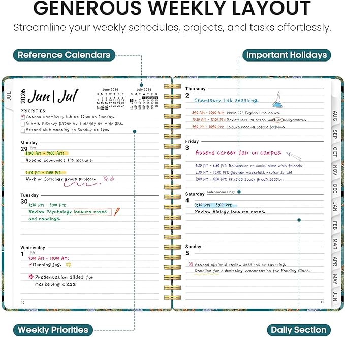 Planner 2026-2027, Academic Year Weekly and Monthly Calender Planner, from Jul 2026 - Jun 2027, Spiral Bound School Planning Book, Perfect for Teacher, Student, Women & Men, A4 (8.5" x 11"), Cats in Vine