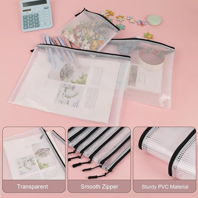 MultiBey Black Mesh Zipper Pouch 12 Pack, 9-Size Clear Zipper Pouches Storage Bags, Waterproof Travel Pouch for School Office Supplies, Puzzles & Games Organizing Storage (Multi-Size