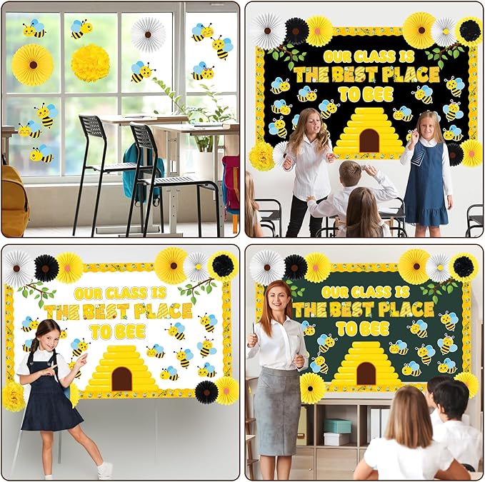 Bee Classroom Bulletin Board Decorations 3D Summer Bee Hive Cutouts with Paper Fans Pom Poms Our Class is to Be The Best Place Cutouts for Classroom Back to School Door Chalkboard Wall Decor Supplies