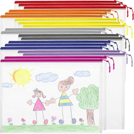 YOPCDJ 20PCS Mesh Zipper Pouch Bags, A4 13x9 Inches Waterproof Mesh Bags with Zipper, Plastic Zipper Pouch for Organizing, Mesh Bag for Travel Storage, 8 Colors Assortment