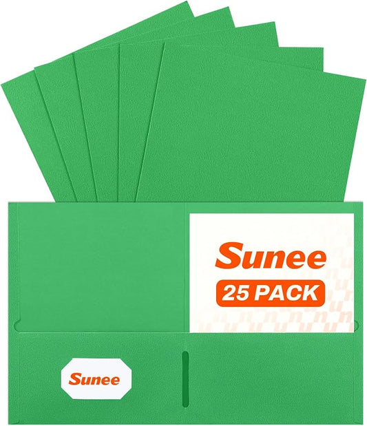 SUNEE Folders with Pockets(25 Pack, Green), 2 Pocket Folders Fit Letter Size Paper, Paper File Folder for School Office Home Business