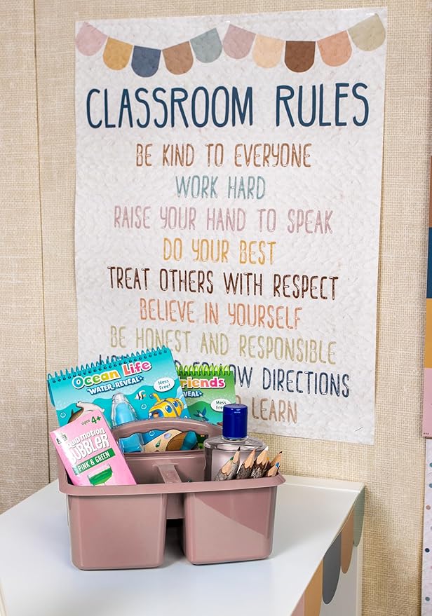 Teacher Created Resources Light Mauve Portable Plastic Storage Caddy 6-Pack for Classrooms, Kids Room, and Office Organization, 3 Compartments