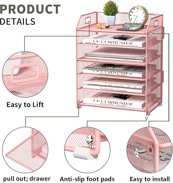 6 Trays Paper Organizer Letter Tray with Pull-Out Drawer, Assembled Mesh Desk File Holder, Metal Paper Sorter for Office Documents, Pink