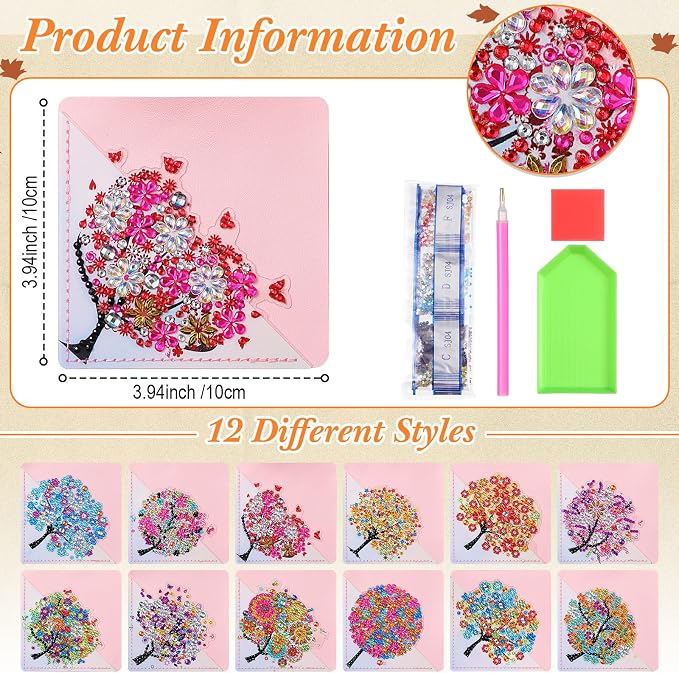 Ireer 12 Pcs 5D Diamond Painting Corner Bookmark Rhinestone PU Leather Diamond Painting Bookmark Triangle Art Bookmarks for Home Office Beginner Adults Birthday Mother Gift(Tree Style)
