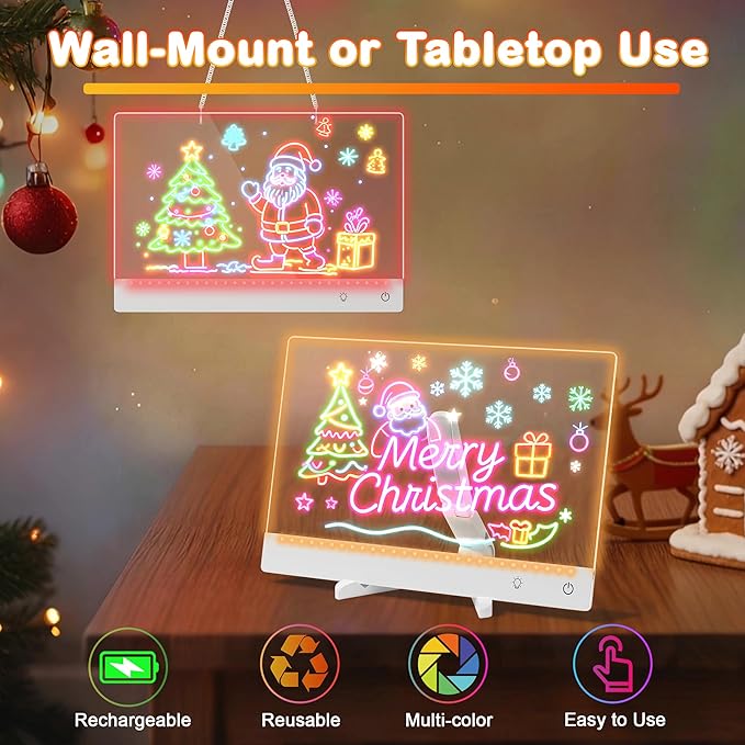 Rechargeable Lumi LED Drawing Board with 12 Markers,13.7"x10"LED Note Board Acrylic Dry Erase Board with 7 Colors Light, Doodle Glow Message Board for Birthday Halloween Christmas Gifts(White)