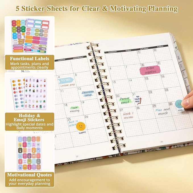 JoyCat Academic Planner 2026-2027, July 2026 - June 2027, A5 Weekly & Monthly Planner, Hardcover Agenda with Tabs, 5 Sticker Sheets, Elastic Closure & Pocket for Teachers & Students, 6.3" x 8.5", Wildflowers