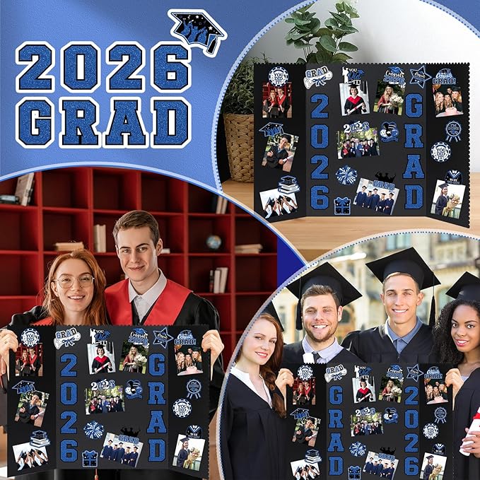 4 Set Graduation Photo Display Board, Class of 2026 Black Blue Trifold Poster Board with Grad Pattern Stickers, Graduation Photo Props Collage for Multiple Pictures Party Decorations, 16x24 Inch